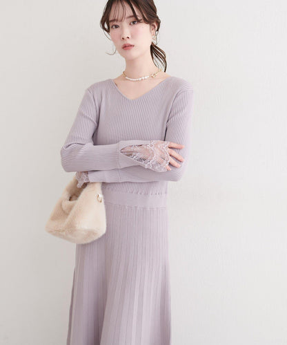 袖口蕾絲針織連衣裙