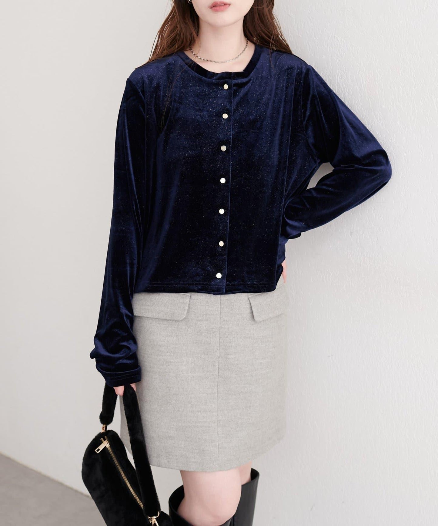 亮片天鵝絨圓領開衫