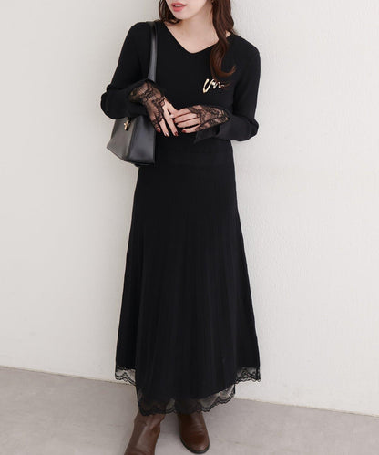 袖口蕾絲針織連衣裙