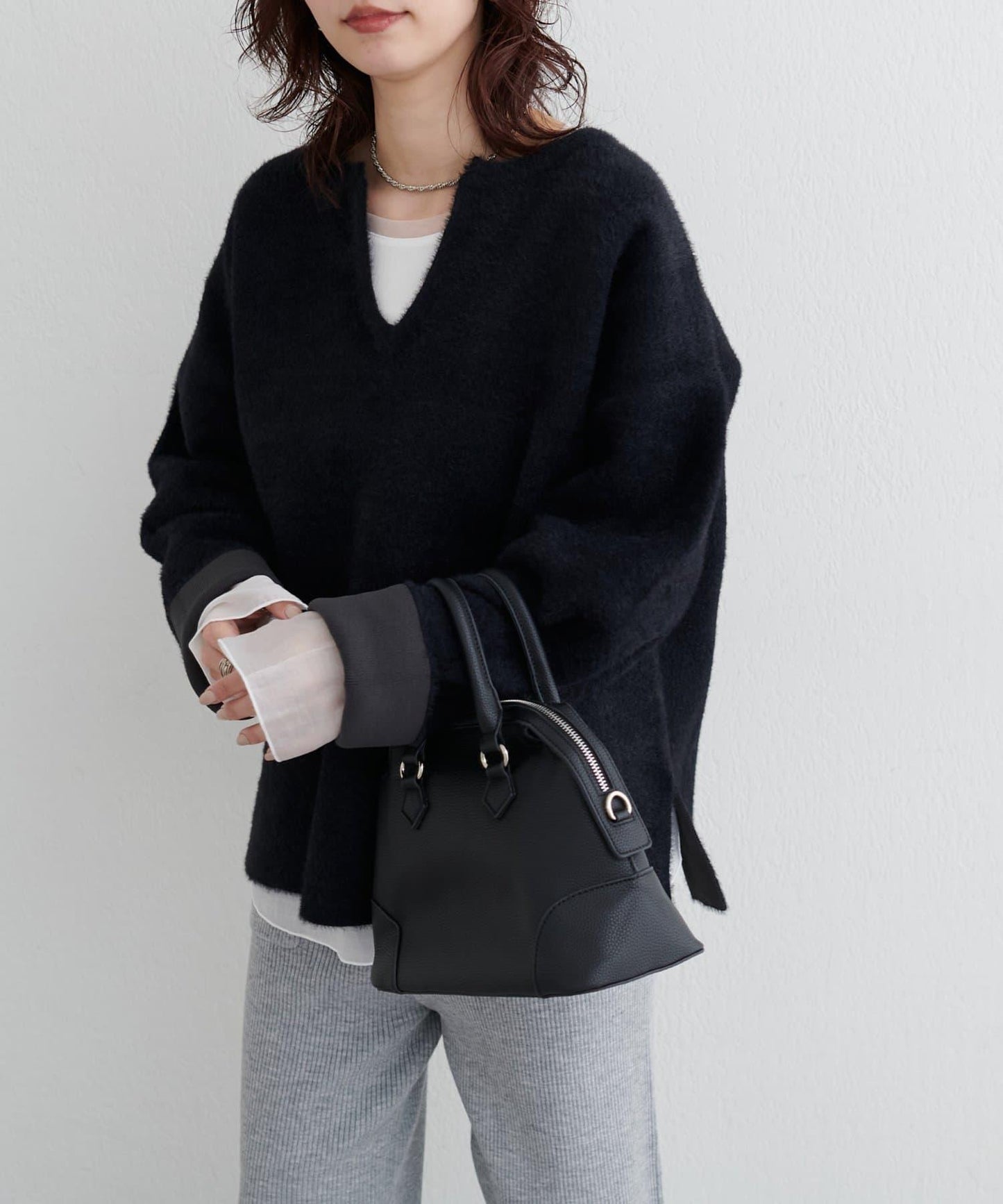 接結W面料羽毛紗針織套頭衫