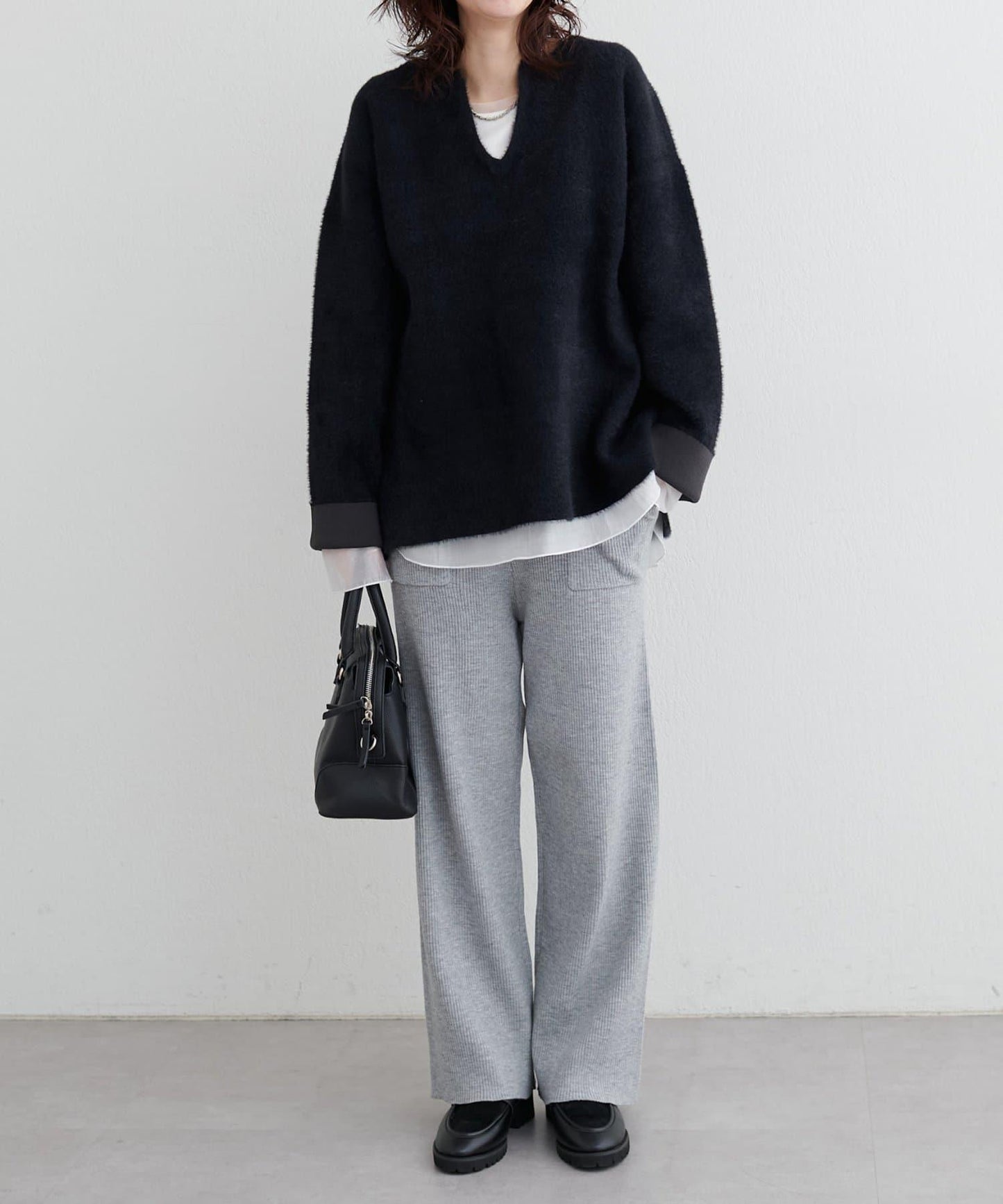 接結W面料羽毛紗針織套頭衫