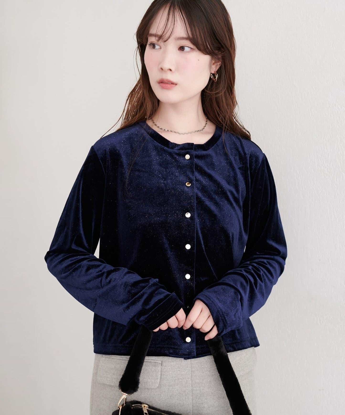 亮片天鵝絨圓領開衫