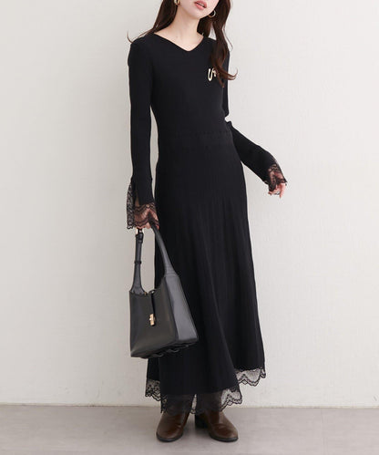 袖口蕾絲針織連衣裙