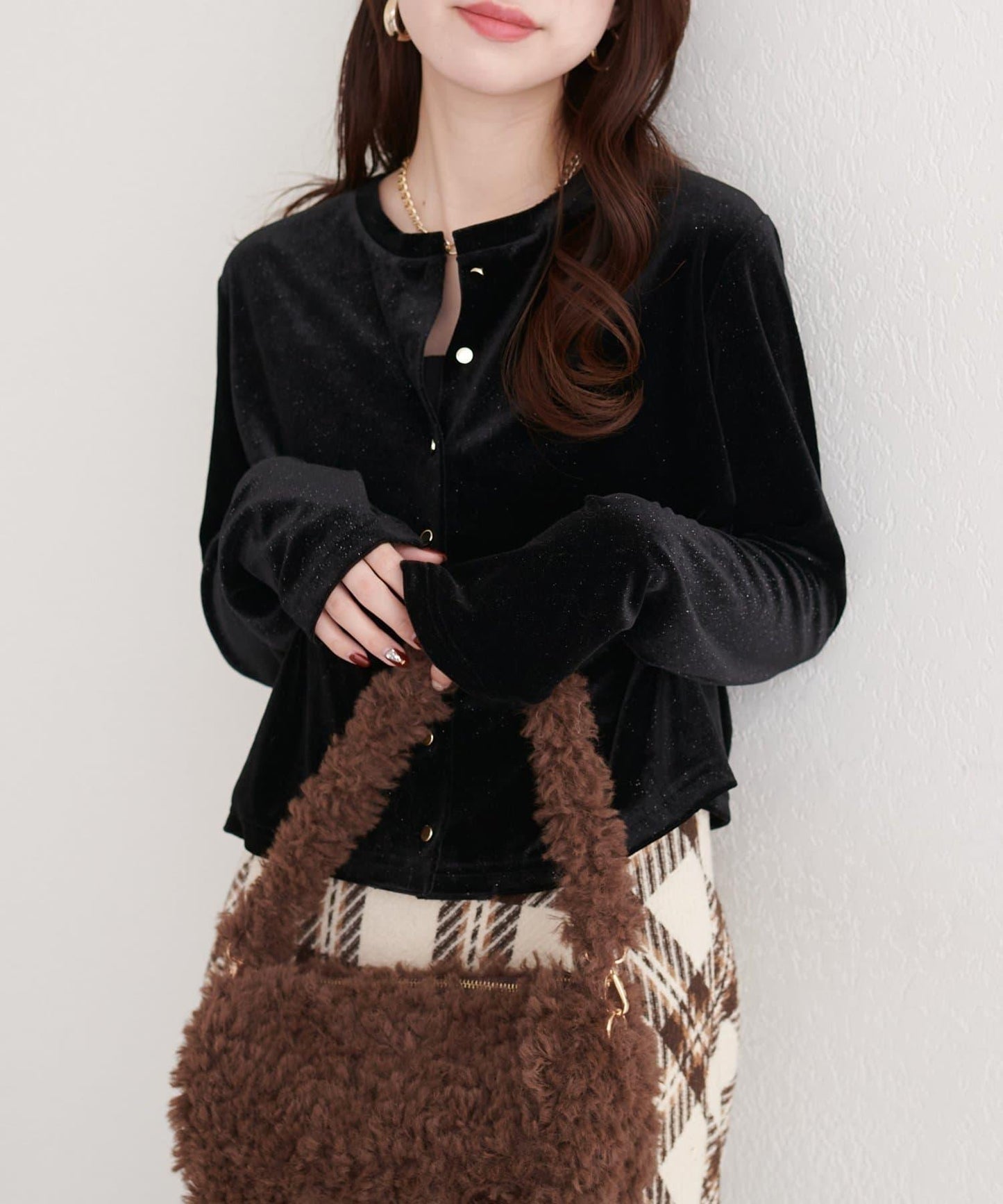 亮片天鵝絨圓領開衫