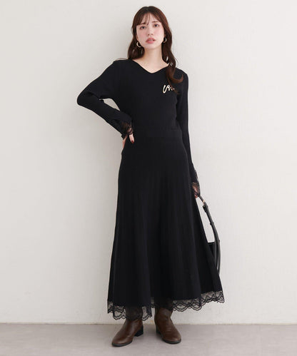 袖口蕾絲針織連衣裙