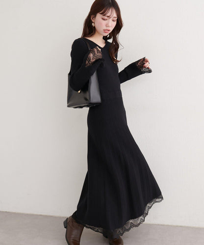 袖口蕾絲針織連衣裙