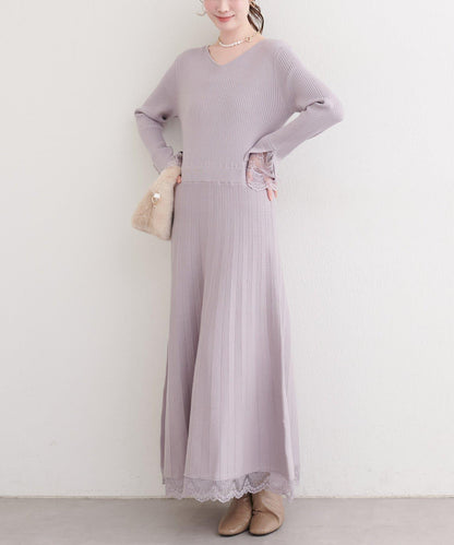 袖口蕾絲針織連衣裙