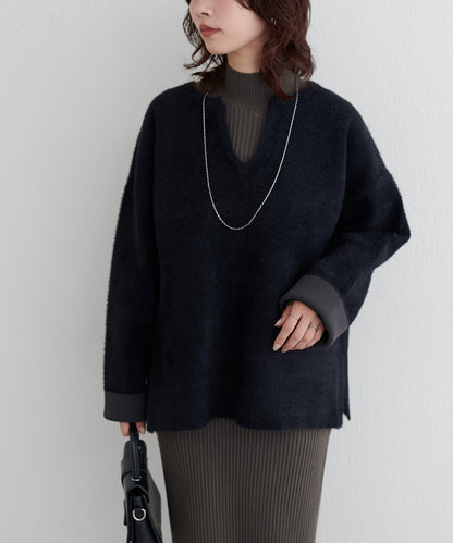 接結W面料羽毛紗針織套頭衫