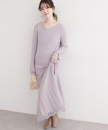 袖口蕾絲針織連衣裙