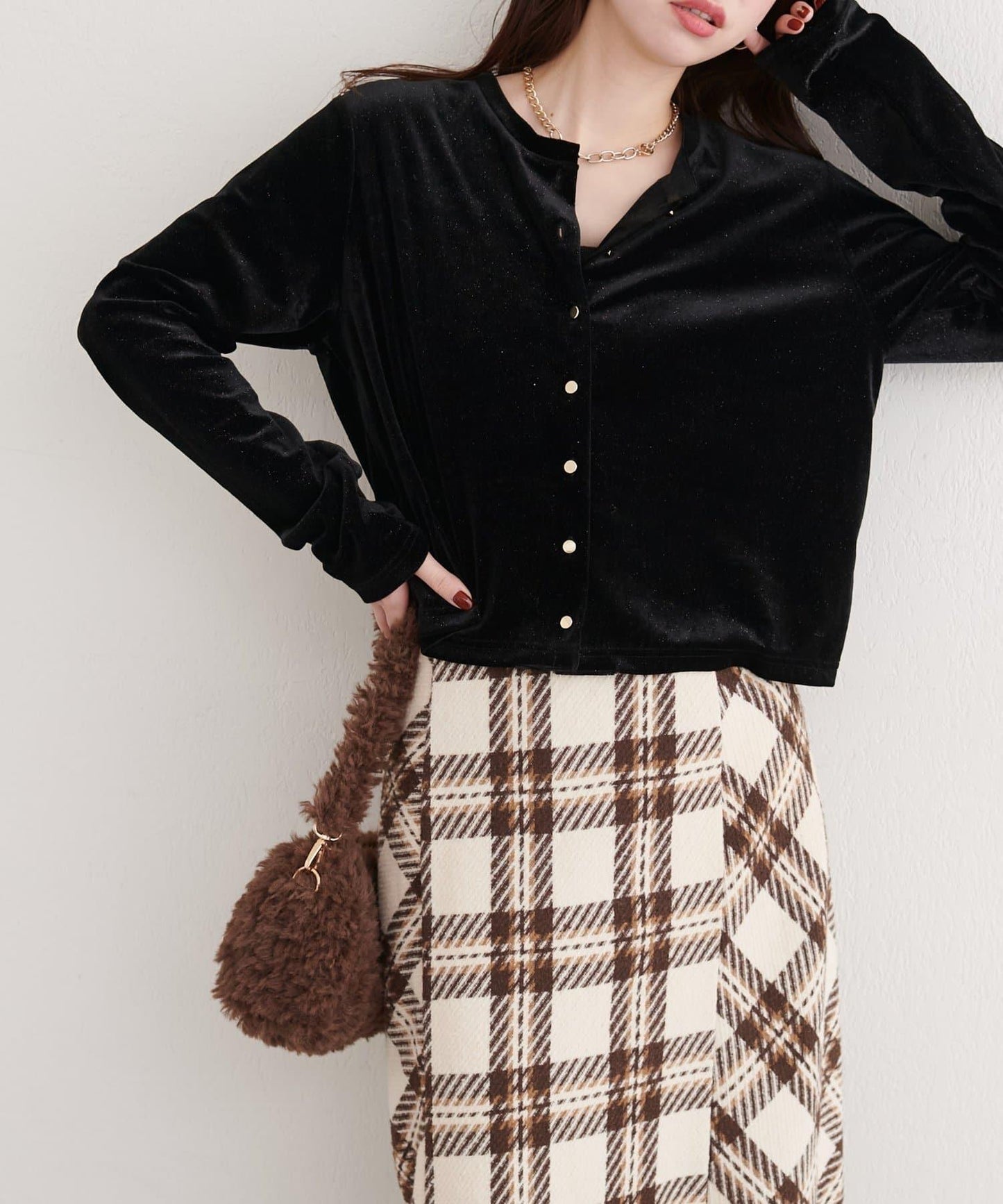 亮片天鵝絨圓領開衫