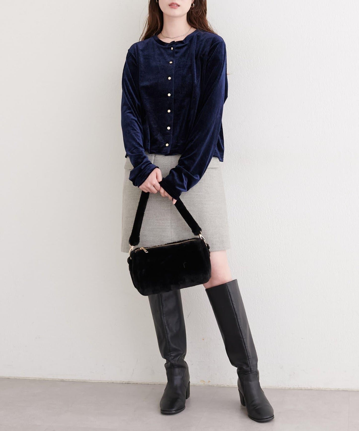 亮片天鵝絨圓領開衫