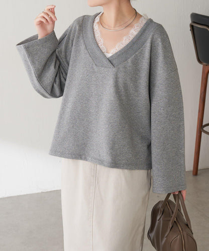 【顯高級感/小臉效果】蕾絲V領衛衣