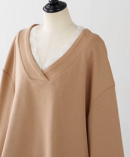 【顯高級感/小臉效果】蕾絲V領衛衣