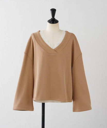 【顯高級感/小臉效果】蕾絲V領衛衣