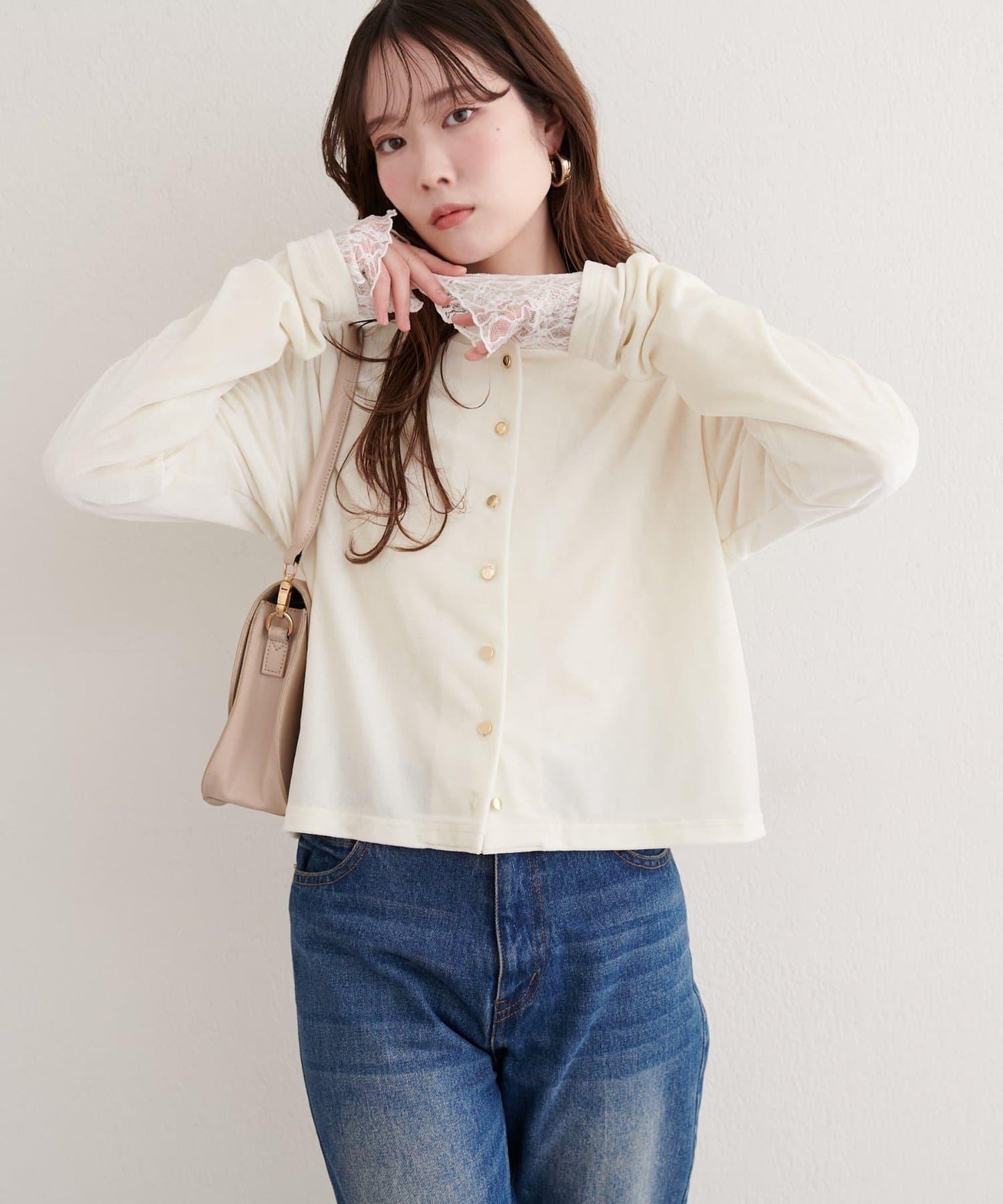 亮片天鵝絨圓領開衫