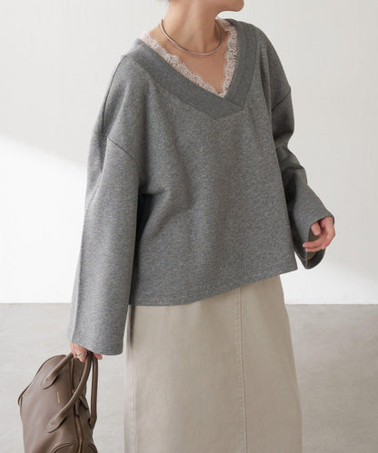 【顯高級感/小臉效果】蕾絲V領衛衣