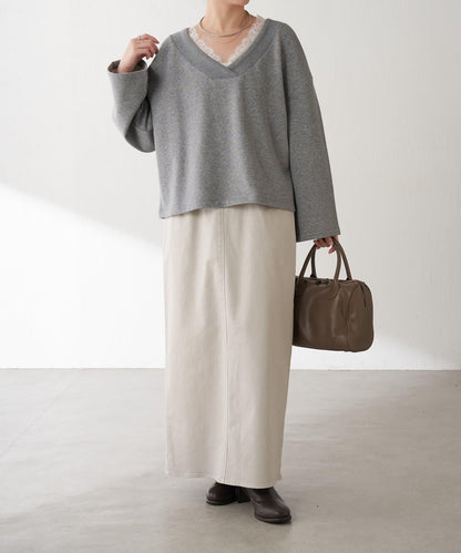 【顯高級感/小臉效果】蕾絲V領衛衣