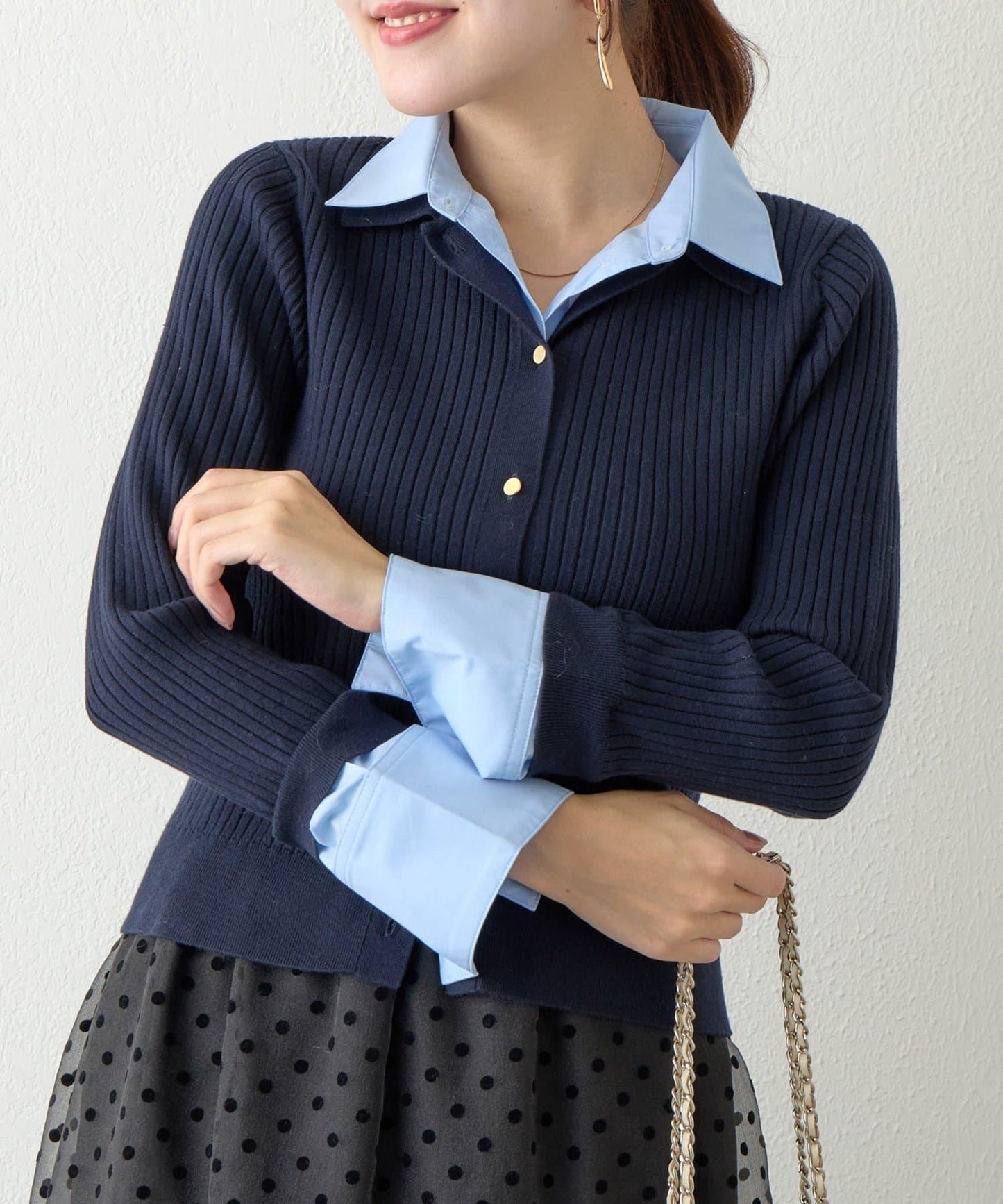 拼接安哥拉羊毛觸感羅紋針織開衫