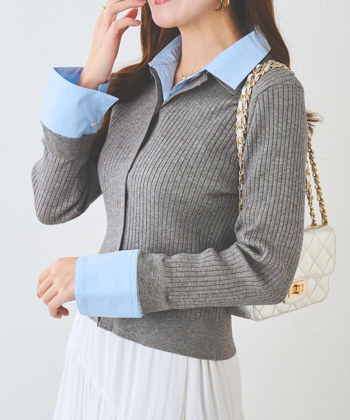 拼接安哥拉羊毛觸感羅紋針織開衫