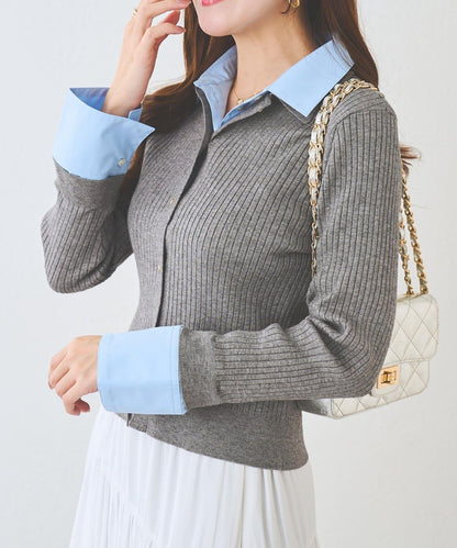 拼接安哥拉羊毛觸感羅紋針織開衫