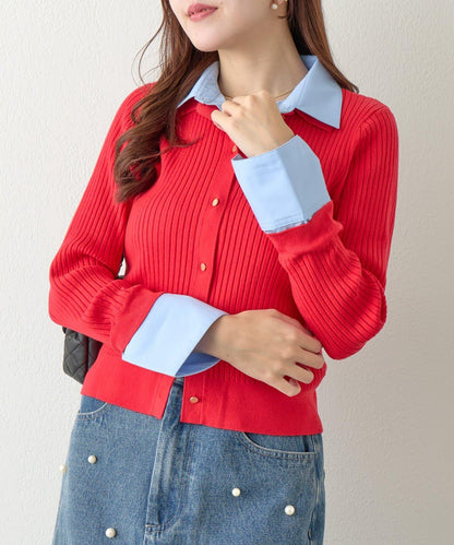 拼接安哥拉羊毛觸感羅紋針織開衫