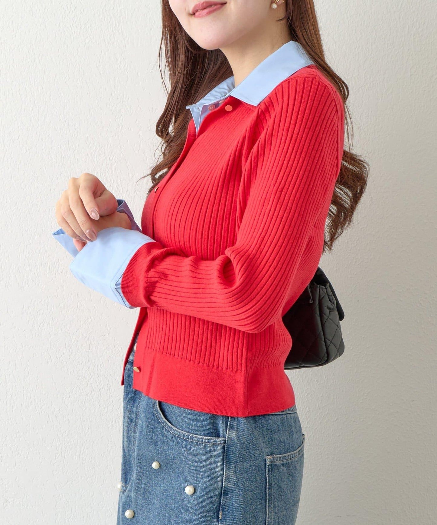 拼接安哥拉羊毛觸感羅紋針織開衫