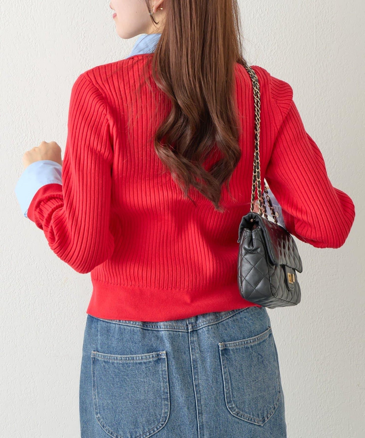 拼接安哥拉羊毛觸感羅紋針織開衫