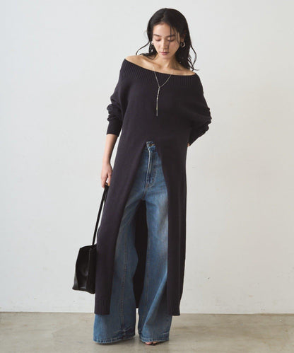 高開衩針織連衣裙