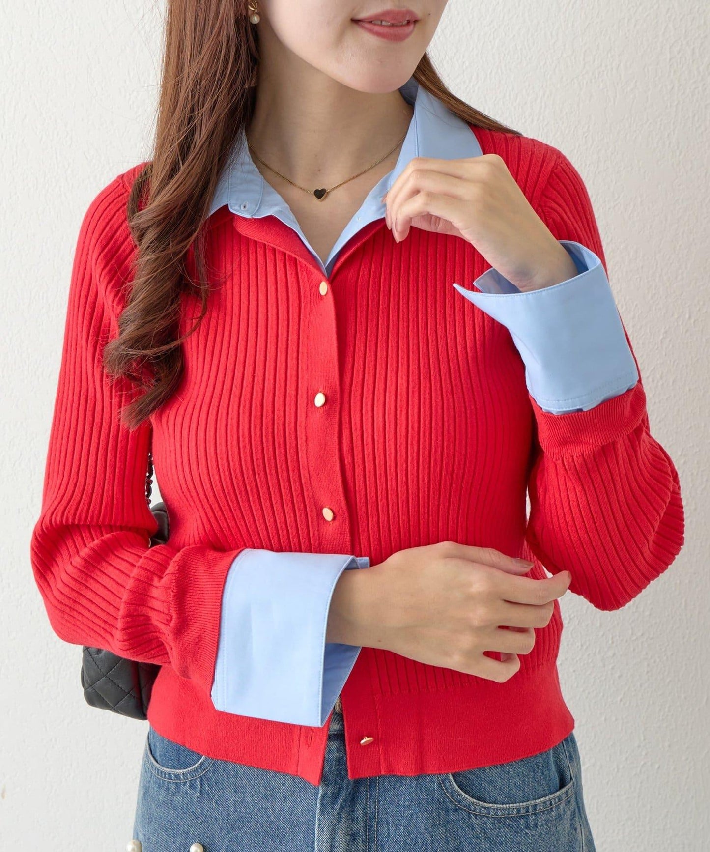 拼接安哥拉羊毛觸感羅紋針織開衫