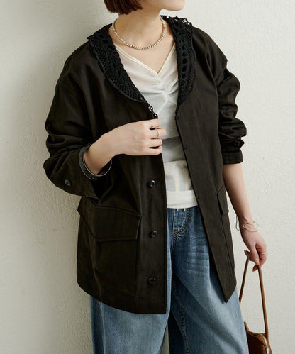 帶領口蕾絲裝飾軍旅風夾克