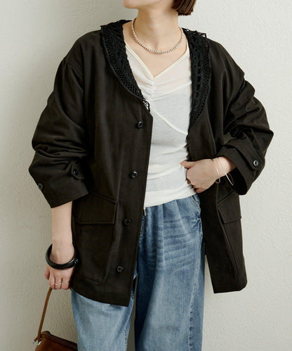帶領口蕾絲裝飾軍旅風夾克