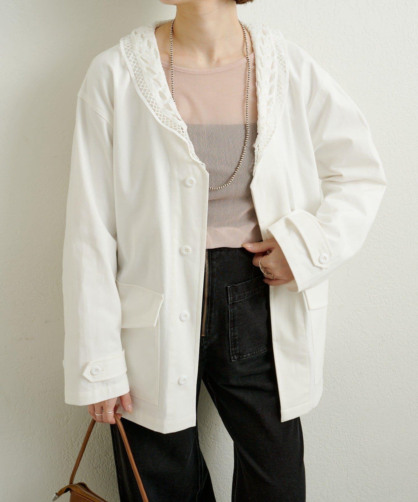 帶領口蕾絲裝飾軍旅風夾克