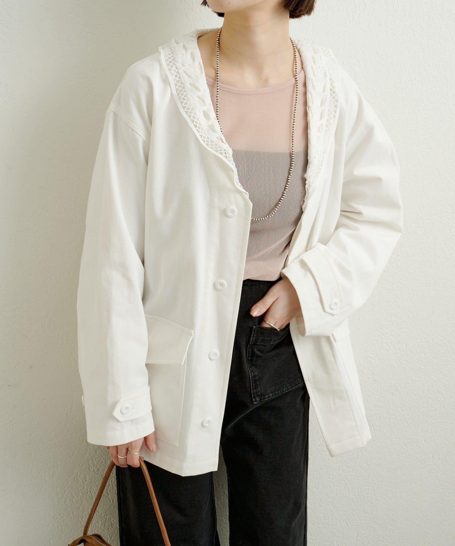 帶領口蕾絲裝飾軍旅風夾克