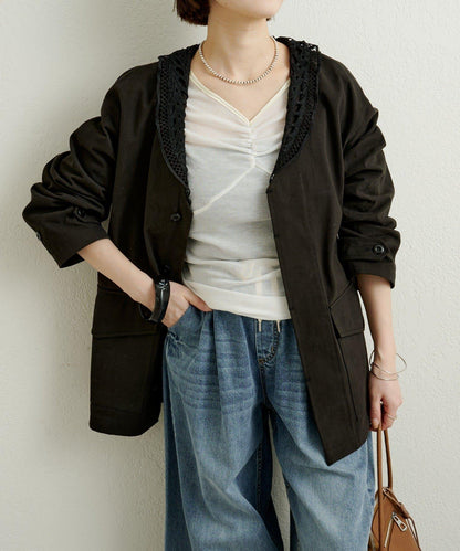 帶領口蕾絲裝飾軍旅風夾克