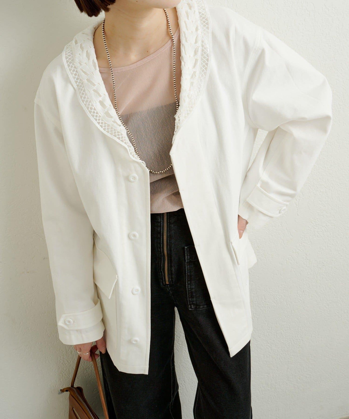 帶領口蕾絲裝飾軍旅風夾克