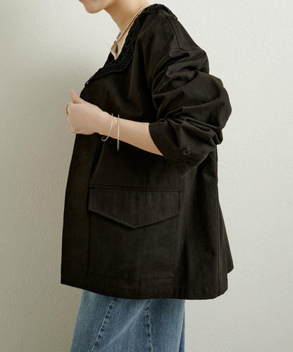 帶領口蕾絲裝飾軍旅風夾克