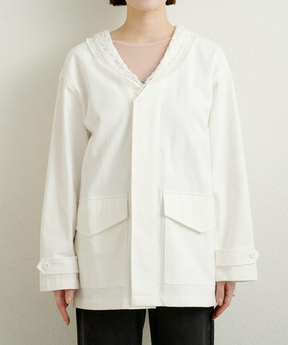 帶領口蕾絲裝飾軍旅風夾克