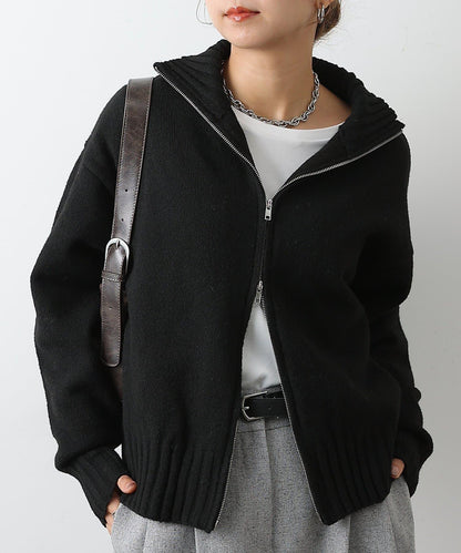羊毛混紡立領雙拉鍊開衫