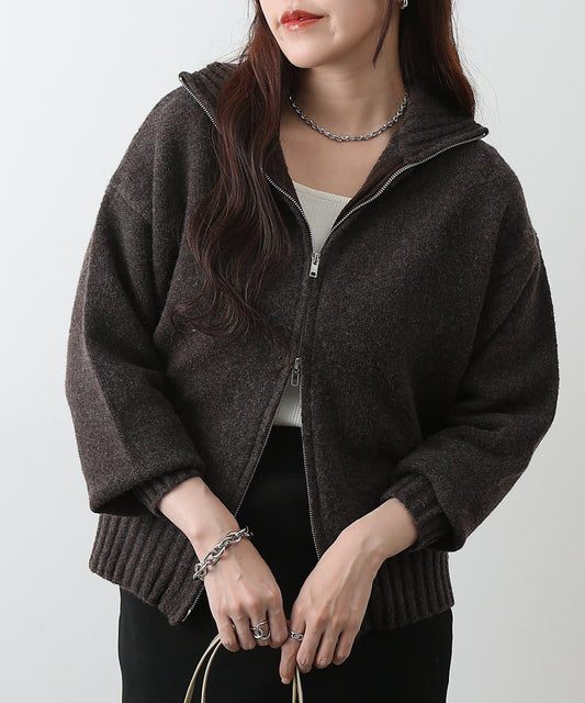 羊毛混紡立領雙拉鍊開衫