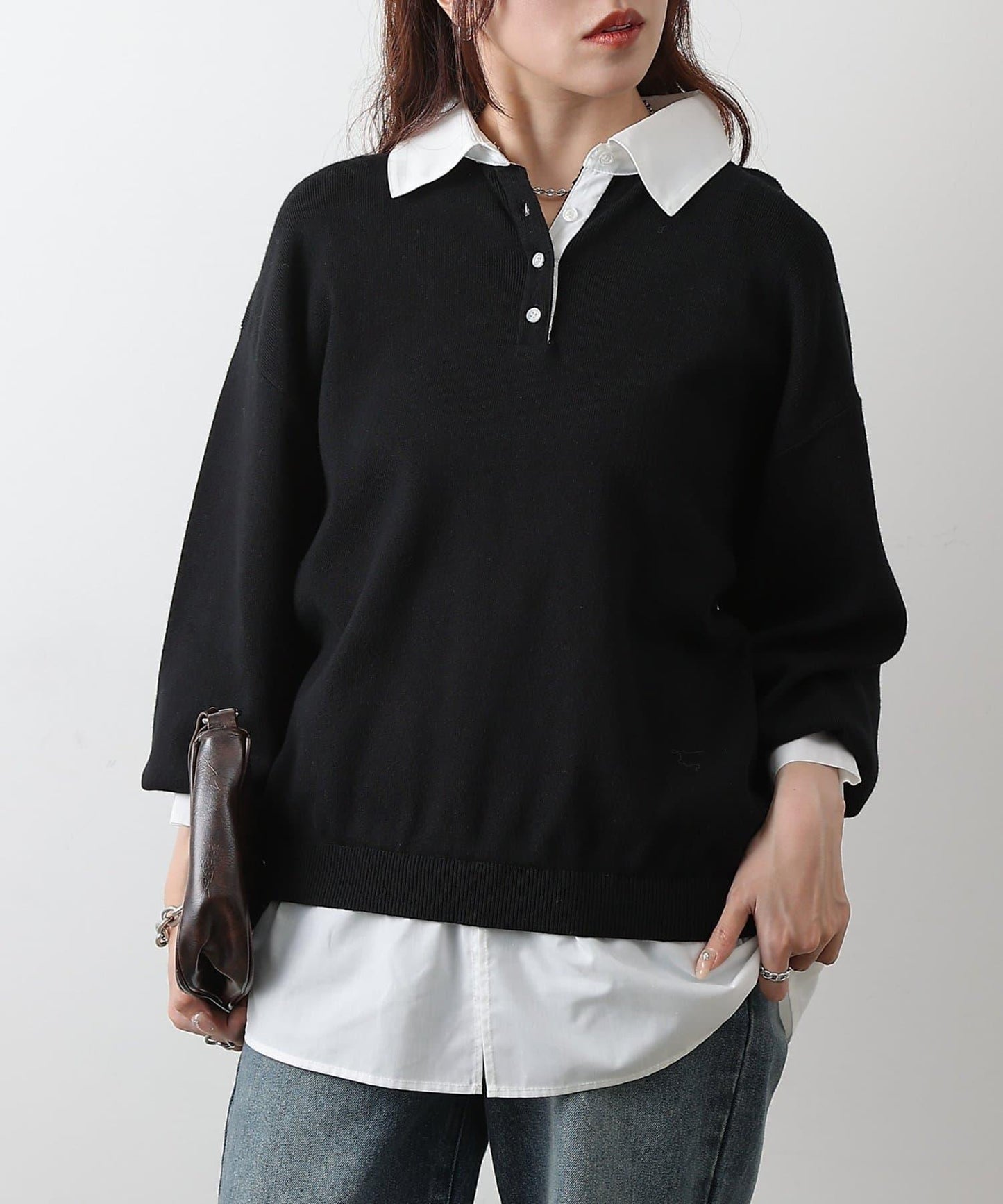 襯衫拼接針織套頭衫