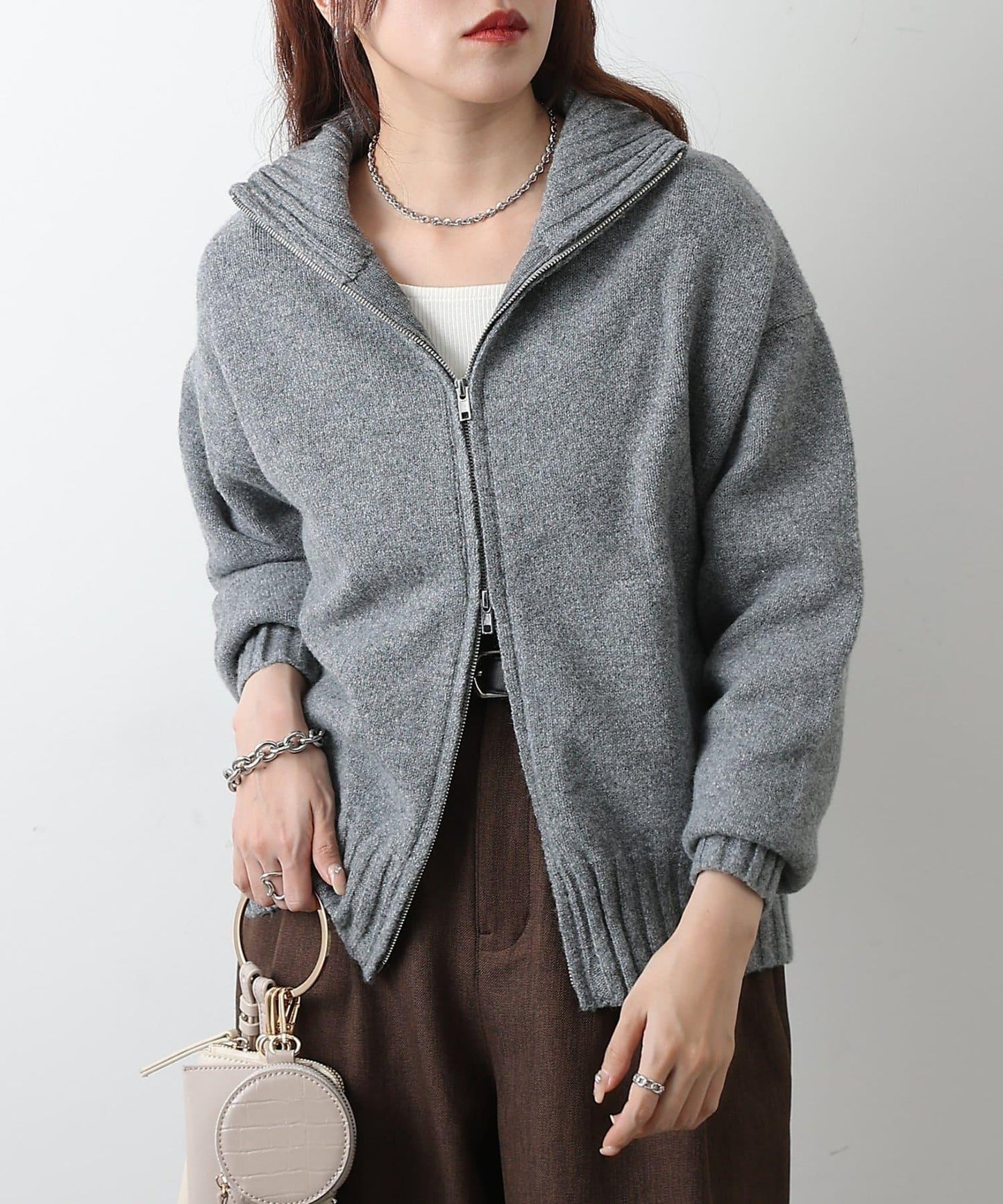 羊毛混紡立領雙拉鍊開衫