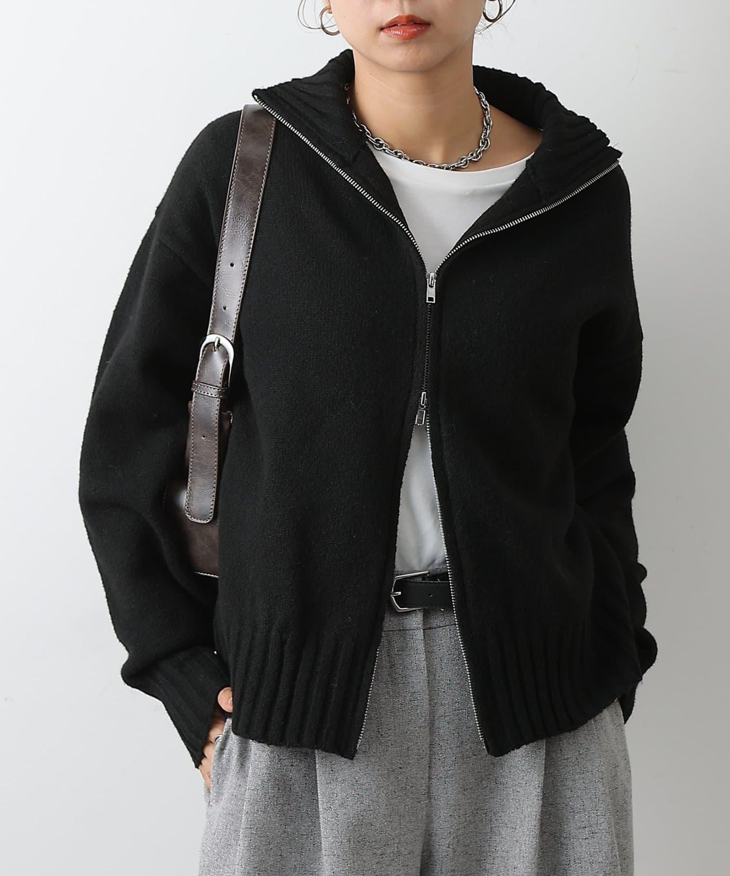 羊毛混紡立領雙拉鍊開衫