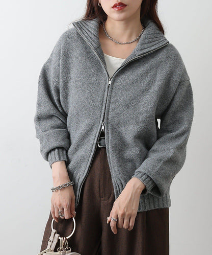 羊毛混紡立領雙拉鍊開衫