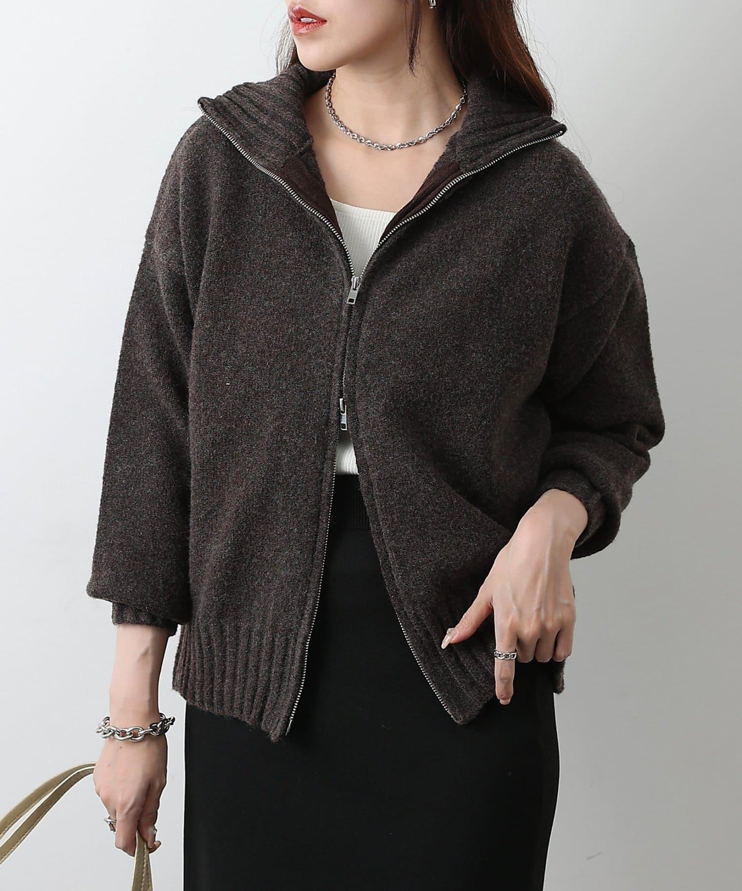 羊毛混紡立領雙拉鍊開衫