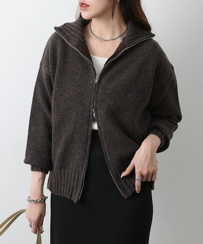 羊毛混紡立領雙拉鍊開衫