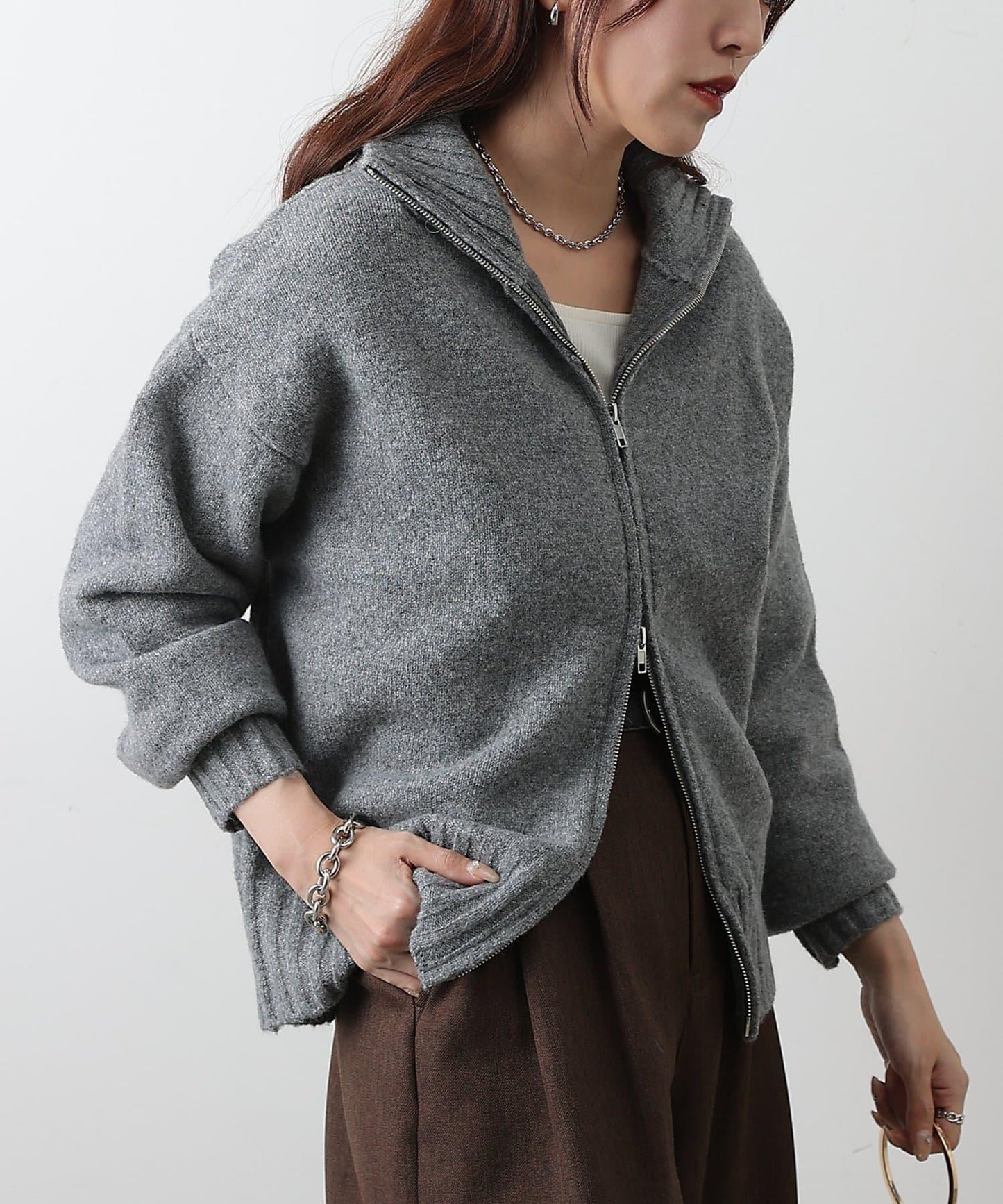 羊毛混紡立領雙拉鍊開衫
