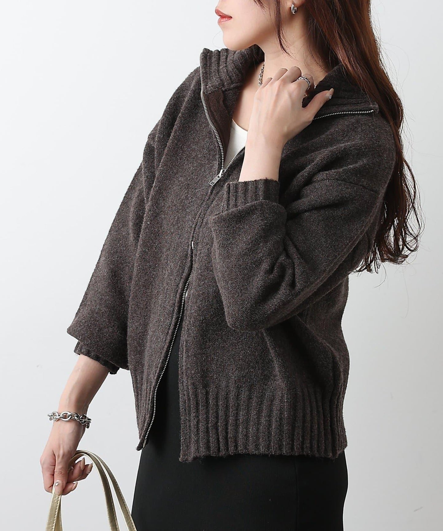 羊毛混紡立領雙拉鍊開衫
