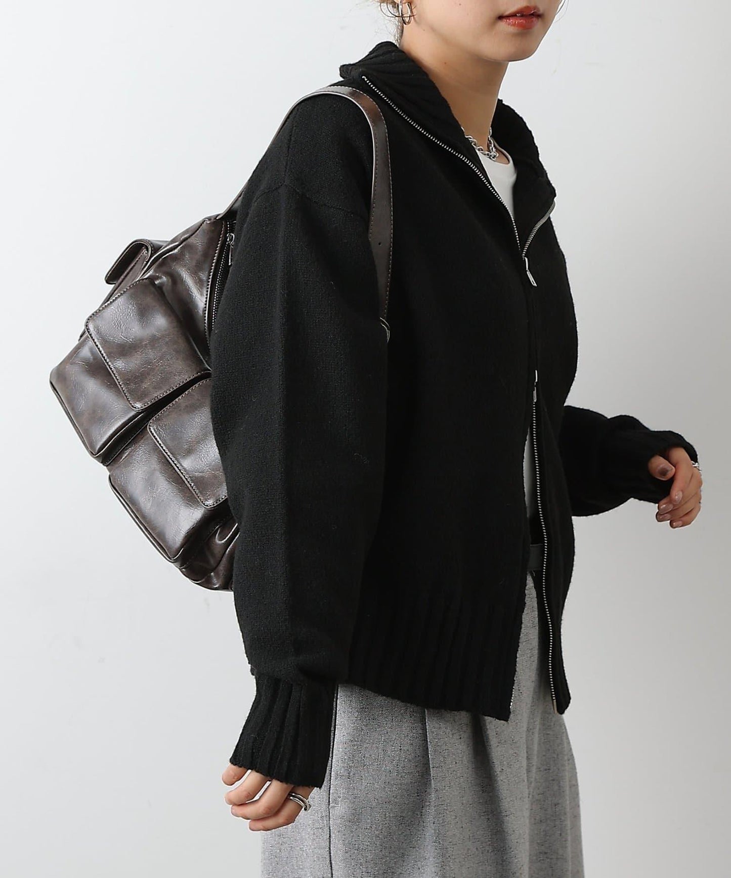 羊毛混紡立領雙拉鍊開衫