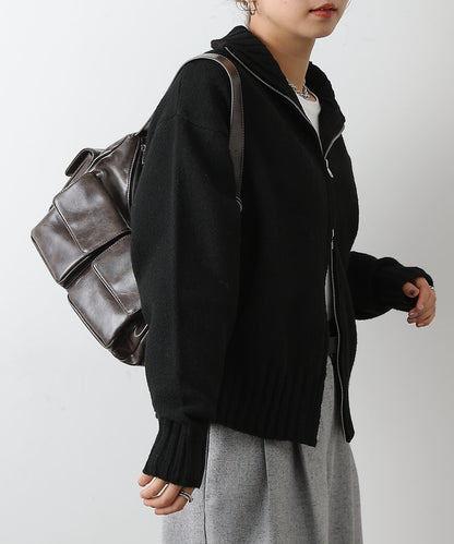 羊毛混紡立領雙拉鍊開衫