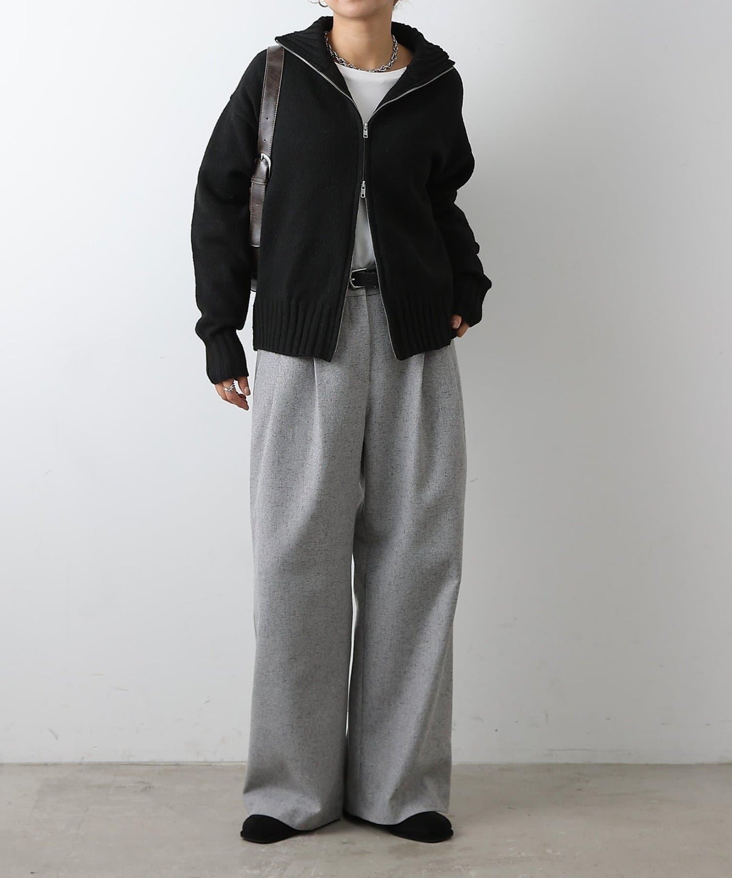 羊毛混紡立領雙拉鍊開衫